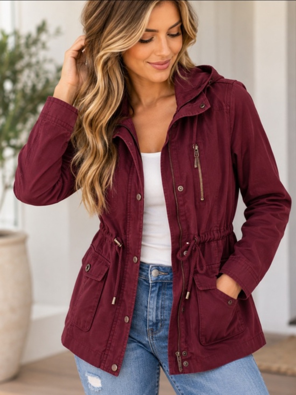 2Sable Women’s Medium Burgundy Hooded Utility Jacket Drawstring Waist